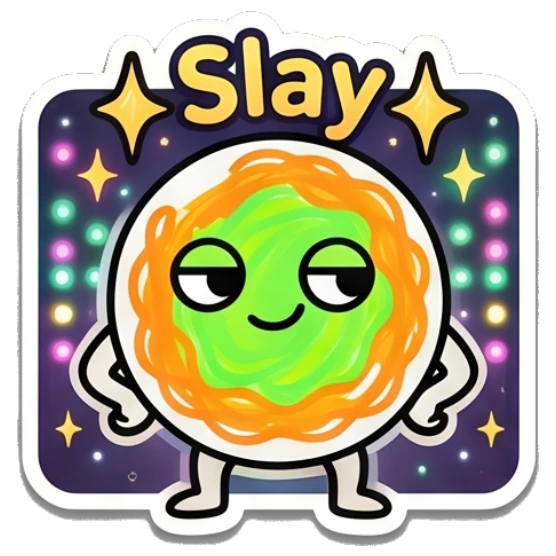 Confident spaghetti character posing with 'Slay' text. Spaghetti Buddy Expressions sticker for expressive chats and social replies.