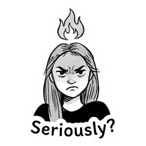 Girl looking angry with a flame icon above her head Doodle Girl Daily Vibes sticker for expressive chats and social replies.