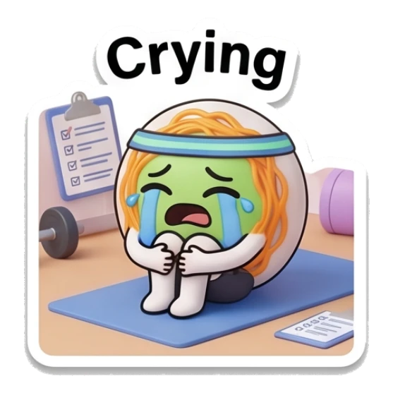 Noodle character crying on a yoga mat with a clipboard and text Crying Gym Noodle Buddies sticker for expressive chats and social replies.
