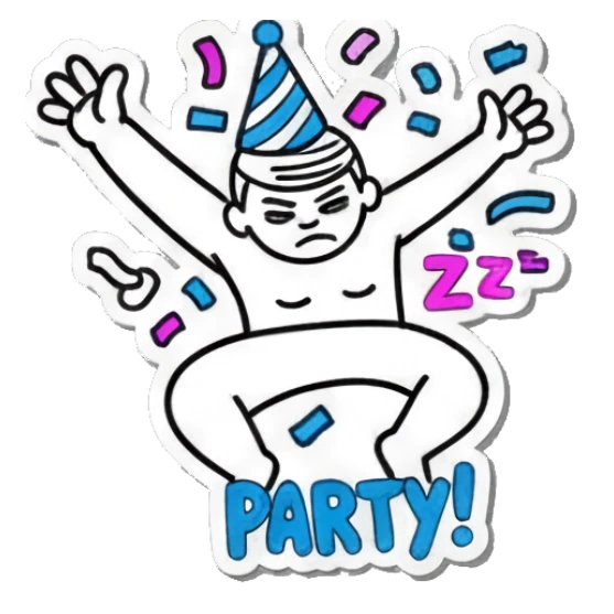 Boy celebrating with party hat and confetti with text PARTY Keith Haring Style Doodles sticker for expressive chats and social replies.