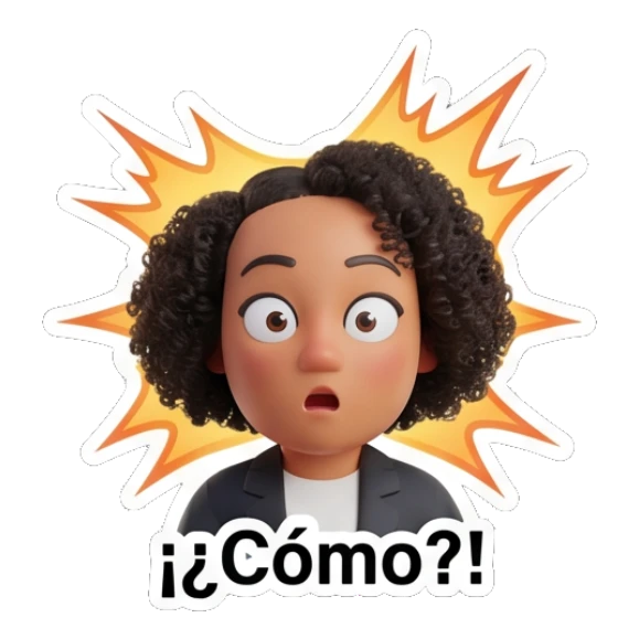 Curly hair girl looking shocked with burst background and text ¡Cómo?! Curly Hair Girl Daily Vibes sticker for expressive chats and social replies.