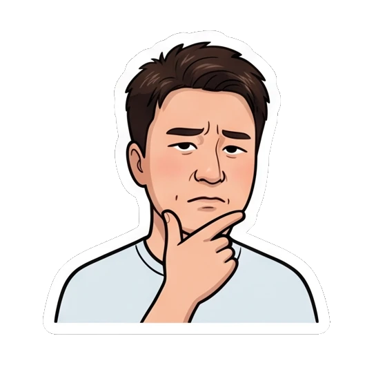 Man thinking with hand on chin, text '嗯…' Everyday Life of a Friendly Guy sticker for expressive chats and social replies.