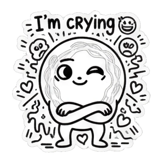 Round doodle character winking with arms crossed and 'I'm crying' text. Doodle Doodle Expressions sticker for expressive chats and social replies.
