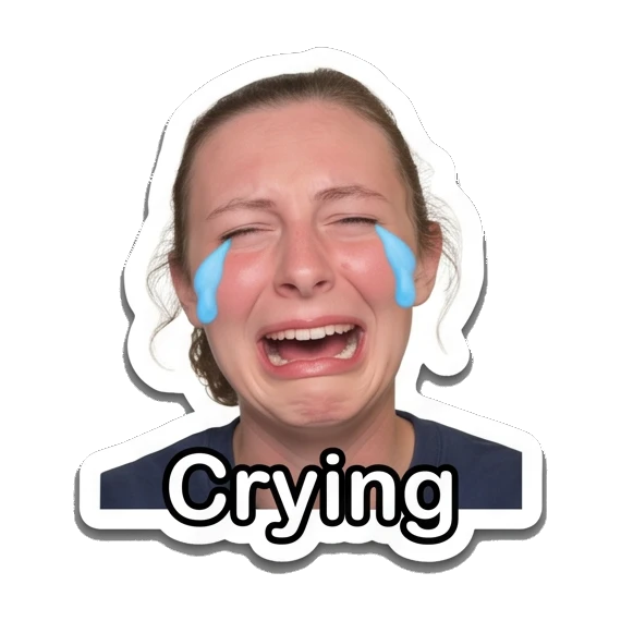 Young woman crying with blue tear icons, text 'Crying' Daily Life of a Girl sticker for expressive chats and social replies.