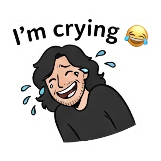 Long-haired man laughing while crying with tears. Long-Haired Guy Daily Vibes sticker for expressive chats and social replies.