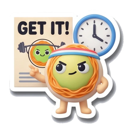 Noodle character pointing at a schedule with GET IT! text Gym Buddy Noodles sticker for expressive chats and social replies.