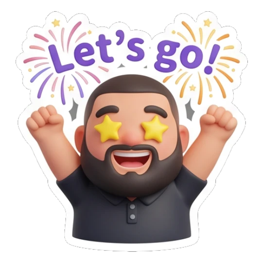 Bearded man cheering with star-shaped eyes and fireworks. Bearded Buddy Expressions sticker for expressive chats and social replies.