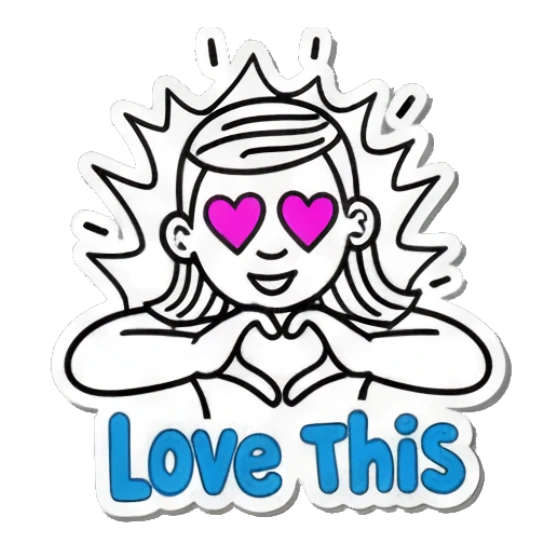 Girl making heart hands with heart eyes and text Love This Keith Haring Style Doodles sticker for expressive chats and social replies.