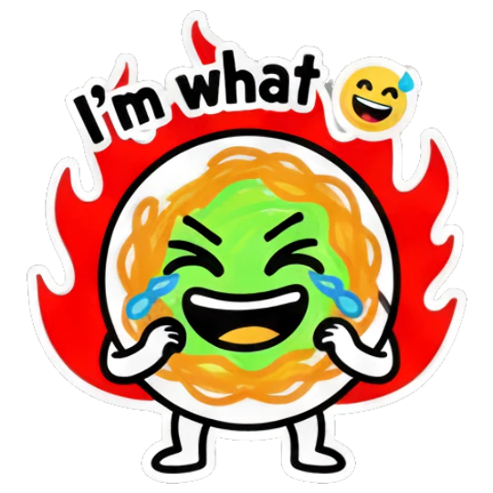 Noodle character laughing hysterically in flames with I'm what text Noodle Buddy Vibes sticker for expressive chats and social replies.