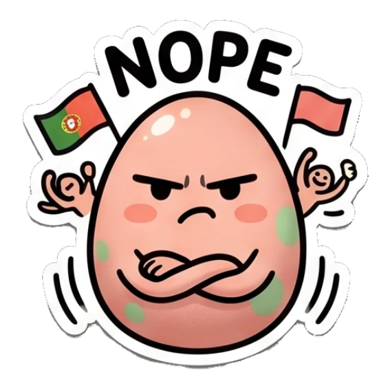 Annoyed spotted egg with crossed arms, 'Nope' text. Spotted Egg Adventures sticker for expressive chats and social replies.