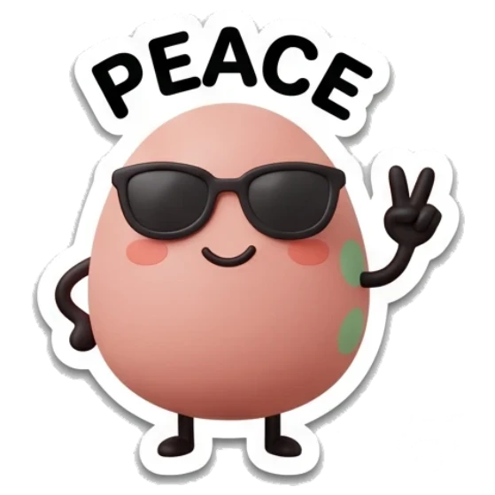 Pink egg wearing sunglasses making a peace sign with text PEACE Pink Egg Moods sticker for expressive chats and social replies.