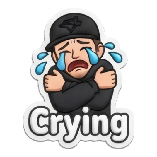 Guy crying with crossed arms with text Crying Custom camojis sticker for expressive chats and social replies.
