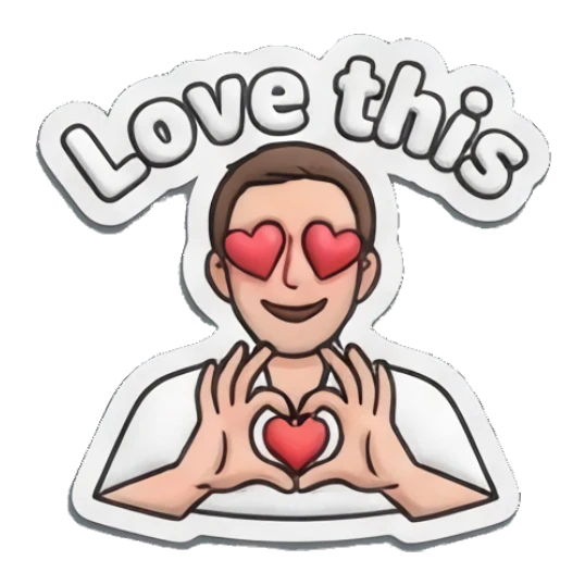 Man making heart shape with hands and heart eyes with text Love this Everyday Guy Expressions sticker for expressive chats and social replies.