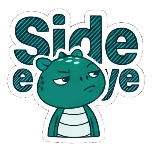 Skeptical dinosaur giving a side-eye look with text Side eye Teal Dino Daily Vibes sticker for expressive chats and social replies.