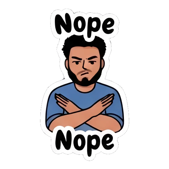 Defiant bearded man crossing arms in a nope gesture. Bearded Guy Daily Vibes sticker for expressive chats and social replies.