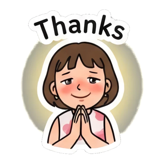 Girl with hands together in prayer, smiling, text Thanks Cheerful Girl Daily Vibes sticker for expressive chats and social replies.