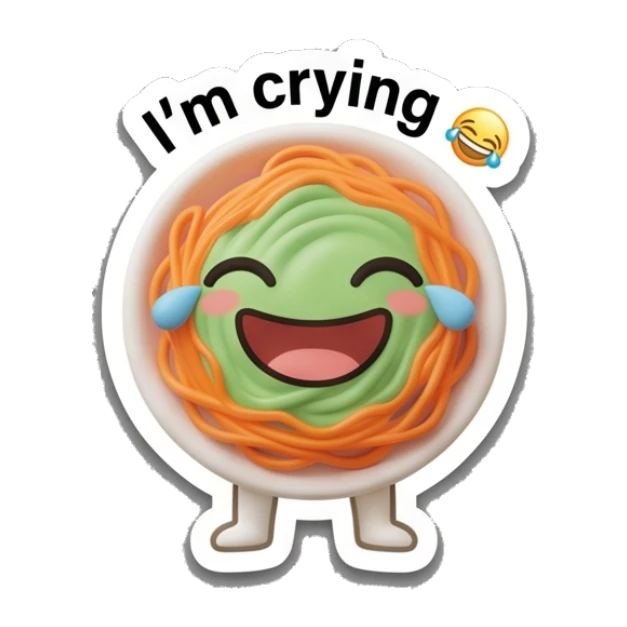 Spaghetti bowl laughing with tears and 'I'm crying' text, joyful. Spaghetti Moods sticker for expressive chats and social replies.