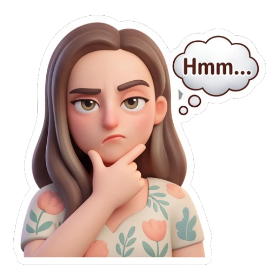 Girl thinking with hand on chin Cheerful 3D Girl Expressions sticker for expressive chats and social replies.