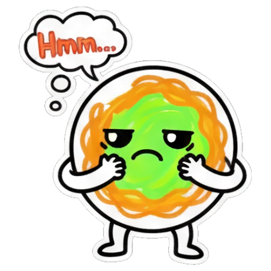 Spaghetti character thinking with a bubble and 'Hmm...' text. Spaghetti Doodle Pals sticker for expressive chats and social replies.