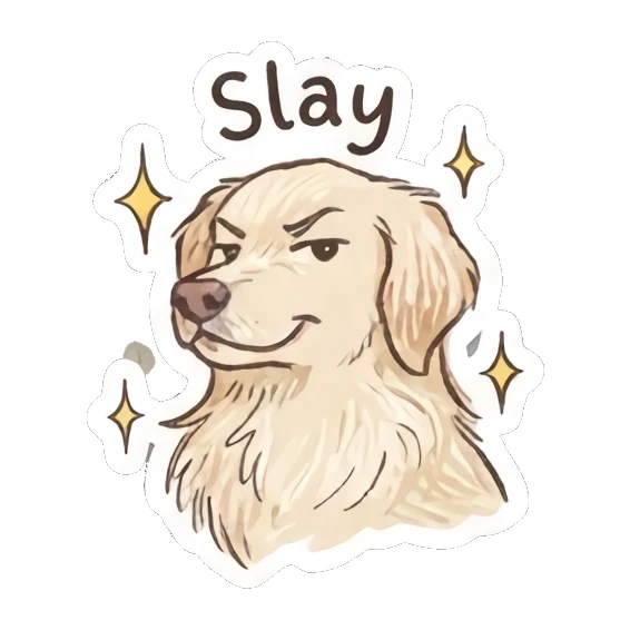 Confident golden retriever with a smug look, text Slay Golden Doodle Daily Vibes sticker for expressive chats and social replies.