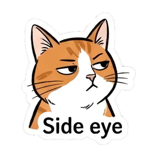 Skeptical orange cat giving a side eye with text Side eye Doodle Orange Cat Daily sticker for expressive chats and social replies.