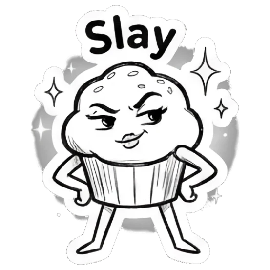 Muffin standing confidently with hands on hips Muffin Moods sticker for expressive chats and social replies.