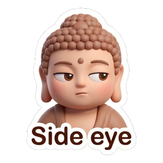 Little Buddha giving a skeptical side-eye glance. Zen Little Buddha Vibes sticker for expressive chats and social replies.