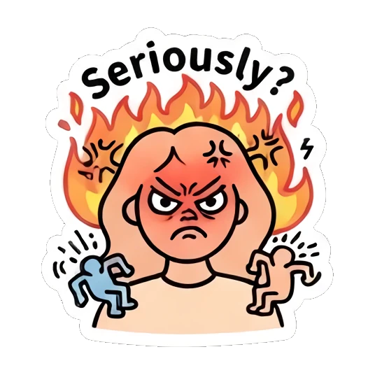 Girl looking furious with fire background, text Seriously Keith Haring Style Girl sticker for expressive chats and social replies.