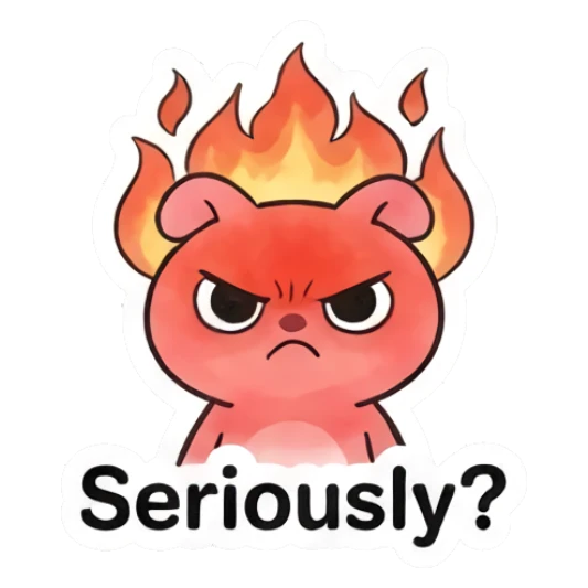 Angry pink bunny surrounded by flames saying Seriously? Pink Bunny Moods sticker for expressive chats and social replies.