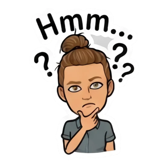 Girl with bun thinking with hand on chin, text Hmm Daily Moods of a Girl sticker for expressive chats and social replies.
