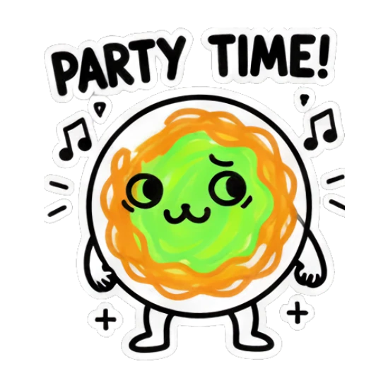 Noodle character looking happy and festive with text 'PARTY TIME!' Scribble Noodle Pals sticker for expressive chats and social replies.