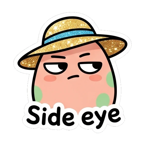 Pink egg in straw hat giving a side eye Pink Egg Buddy Daily sticker for expressive chats and social replies.