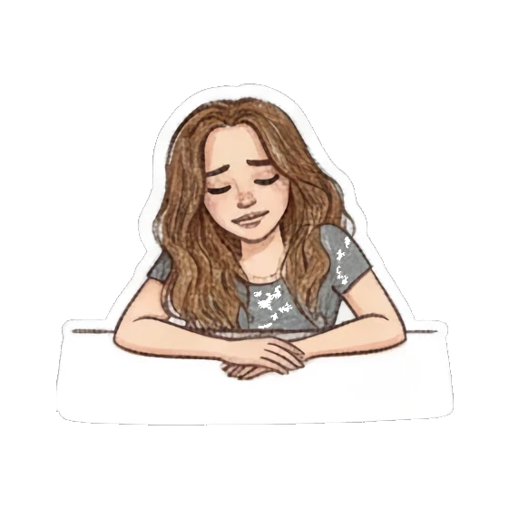 Curly-haired girl resting head on hands, looking exhausted. Curly Haired Girl Moods sticker for expressive chats and social replies.