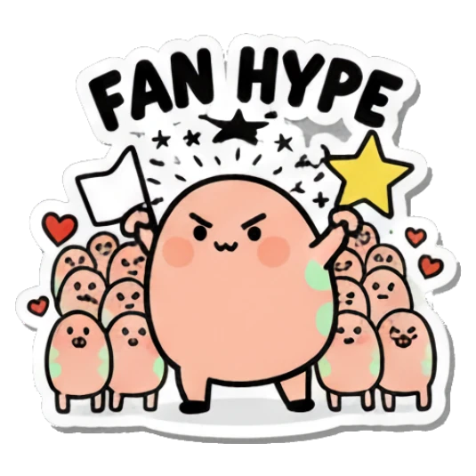 Proud egg leading a crowd with 'FAN HYPE' text. Little Egg Emotions sticker for expressive chats and social replies.