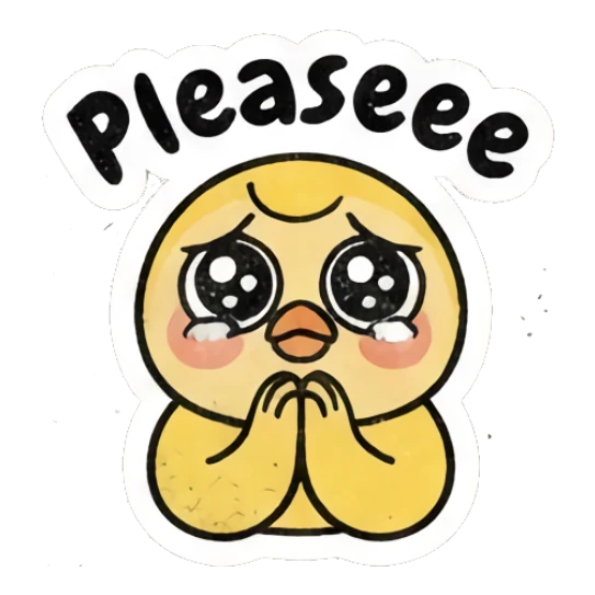 Pleading yellow chick with big watery eyes, text Pleaseee. Gritty Retro Chick sticker for expressive chats and social replies.