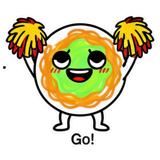 Noodle character cheering with pom-poms and 'Go!' text Noodle Buddy Emotions sticker for expressive chats and social replies.