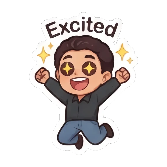 Curly-haired man jumping with excitement and star-shaped eyes. Curly Haired Guy Expressions sticker for expressive chats and social replies.