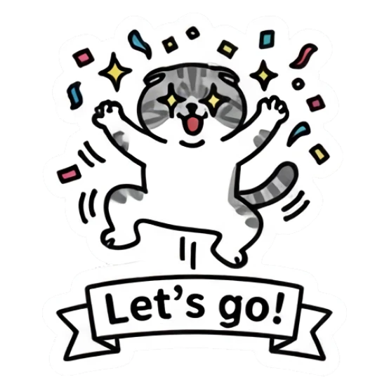 Excited gray cat jumping with confetti with text Let's go! Gray Tabby Moods sticker for expressive chats and social replies.