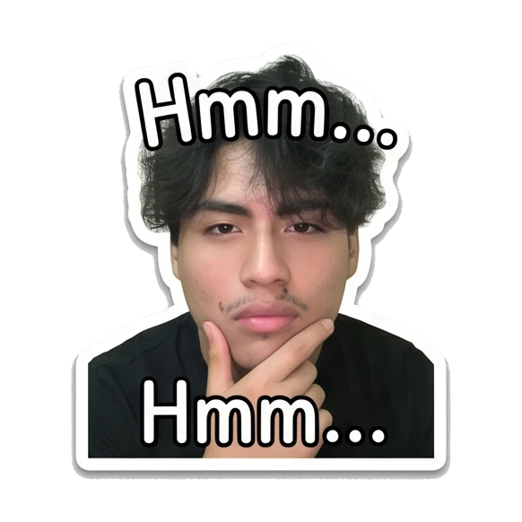 Young man resting chin on hand in deep thought with text Hmm... Daily Life of a Cool Guy sticker for expressive chats and social replies.