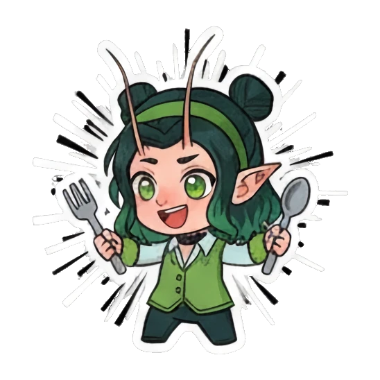 Girl holding a fork and spoon ready to eat Green Mantis Girl Adventures sticker for expressive chats and social replies.