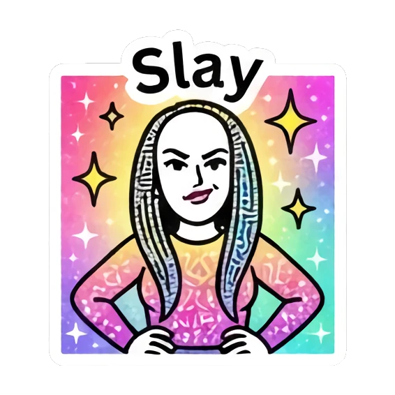 Confident girl posing with hands on hips with text Slay Keith Haring Style Girl sticker for expressive chats and social replies.