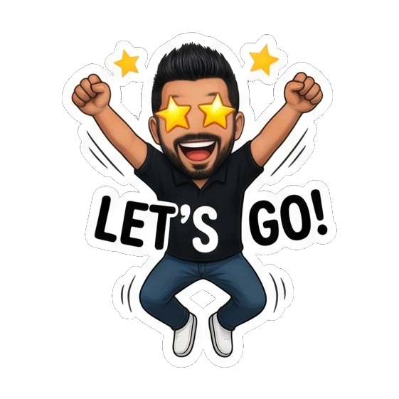 Man jumping with star eyes, text LET'S GO Modern Man Daily Vibes sticker for expressive chats and social replies.