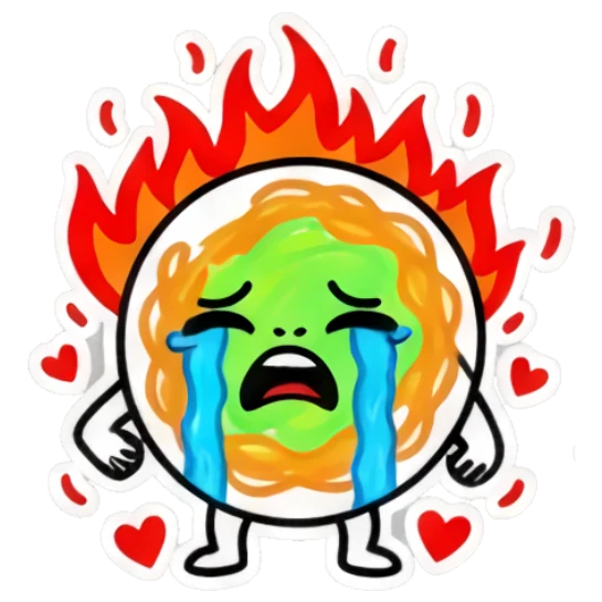 Sad noodle character crying with fire background. Spicy Noodle Moods sticker for expressive chats and social replies.
