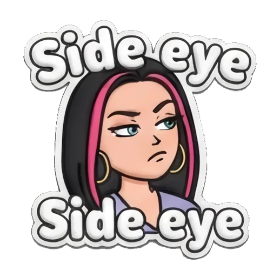 Skeptical girl giving a side-eye glance Puff Print Girl Vibes sticker for expressive chats and social replies.