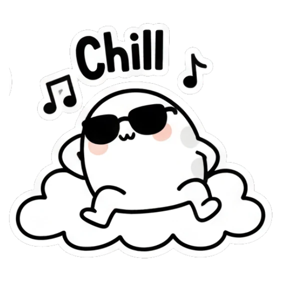 Relaxed egg character wearing sunglasses on a cloud saying Chill. Doodle Egg Expressions sticker for expressive chats and social replies.