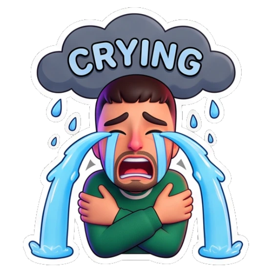 Guy crying under a rain cloud with Crying text Cheerful Guy Daily Vibes sticker for expressive chats and social replies.