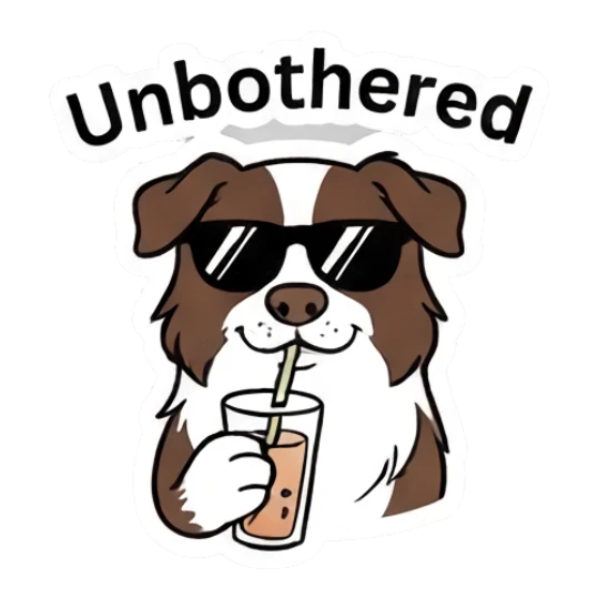 Cool Border Collie wearing sunglasses and drinking iced coffee with text Unbothered Loki.. LOWKEY Aussie! sticker for expressive chats and social replies.