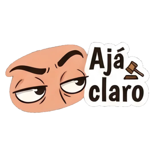 Close up of eyes looking skeptical, text Ajá claro Bald Guy Daily Vibes sticker for expressive chats and social replies.