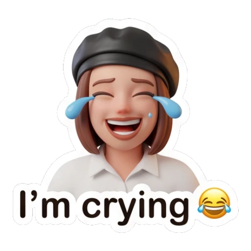 Happy girl in beret laughing with tears of joy, text I'm crying. Chic Beret Girl sticker for expressive chats and social replies.