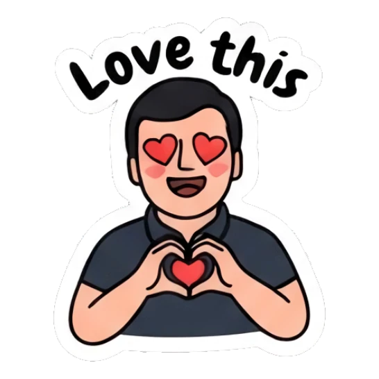 Man with heart-shaped eyes making a heart gesture saying Love this. Everyday Office Guy sticker for expressive chats and social replies.
